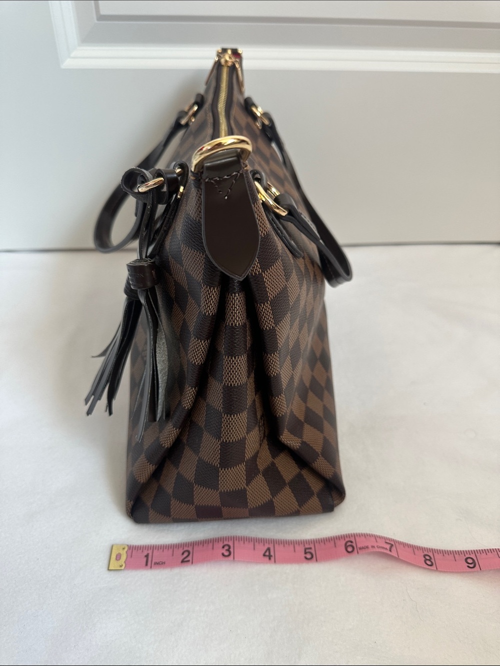 INSPIRED LV Checkered Brown Shoulder Bag with Tassel Accent - Picture 3 of 9